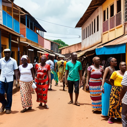 Home 11 **Vibrant street scene in Bissau, Guinea-Bissau. Focus on cultural exchange: colorful clothing, bustling market, diverse people interacting, Portuguese signage visible.** (This captures the cultural immersion aspect).