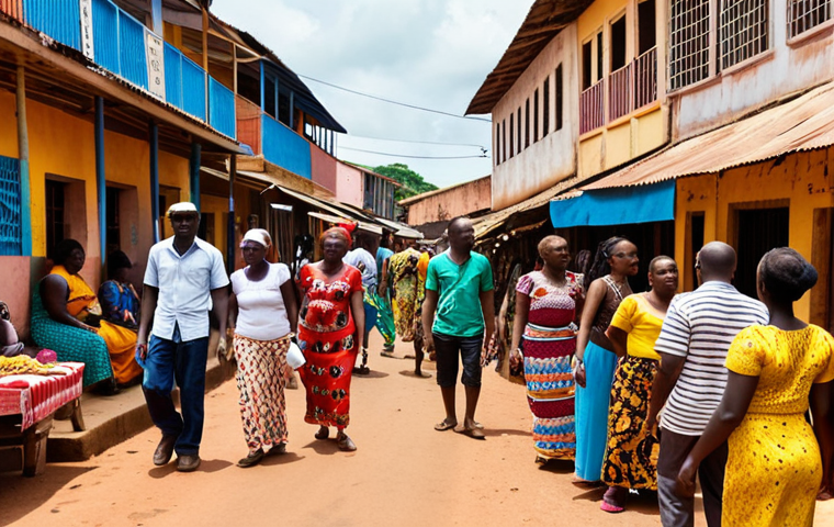 **Vibrant street scene in Bissau, Guinea-Bissau. Focus on cultural exchange: colorful clothing, bustling market, diverse people interacting, Portuguese signage visible.** (This captures the cultural immersion aspect).