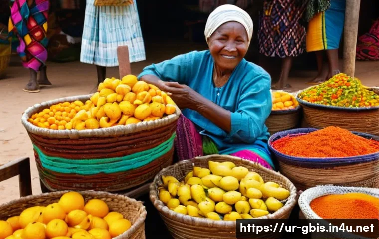 기니비사우에서 재래시장과 현대 시장 차이 - **Prompt:** A bustling and vibrant traditional market in Guinea-Bissau, set on ancient, sun-drenched...